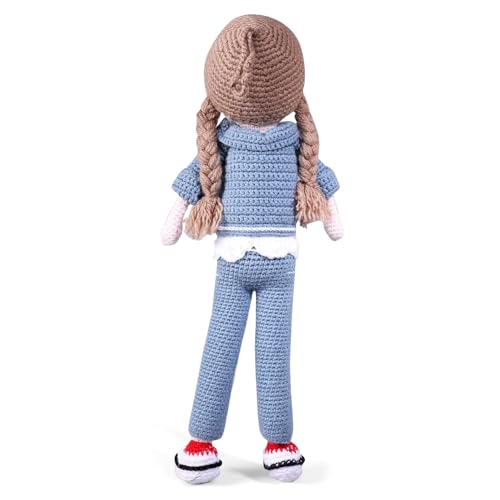 Image of Bonfino Premium Handmade Miss Helen Crochet Doll for Girls & Boys, Cute Knitted Cotton Doll for Babies, Baby Doll for Kids, Soft Toys, 6+ Months, Birthday Gift, Height 35 cm, Blue&White, BIS Certified