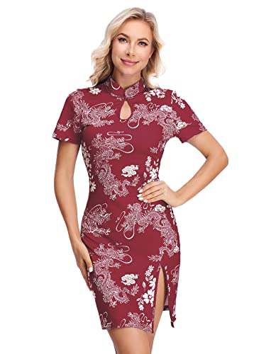 WDIRARA Women's Plus Size Chinese Dragon Print Bodycon Cheongsam Split Mini Dress Red M