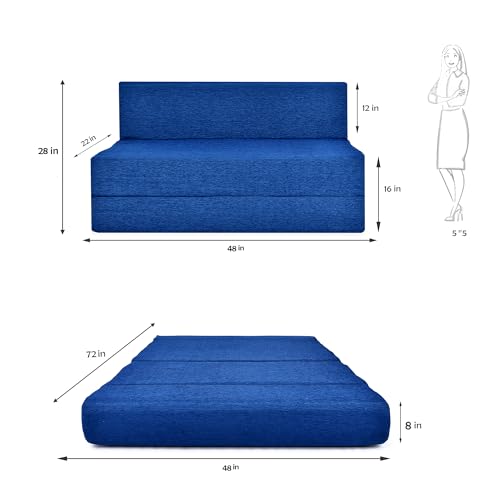 Image of Foldable Two Seater Sofa Bed 4X6 Ft Jute Fabric Washable Cover Convertible Sofa Bed for Home & Office, Guest Room (Finish Color Blue - Pre-Assembled)