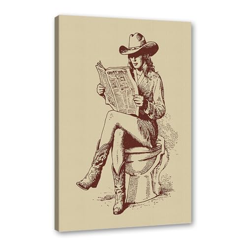 Toile murale vintage cowgirl encadrée pour relooker une salle de bain rustique