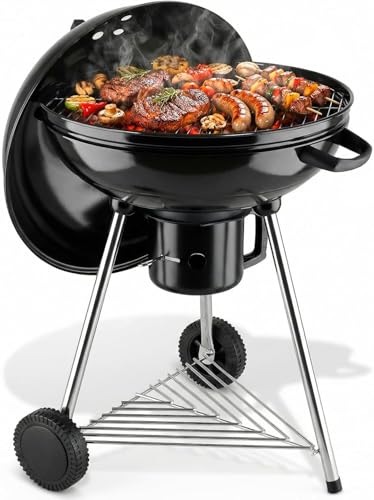 TLSUNNY Barbecue à Charbon Rond dia. 57cm, Couvercle et Cuve en Acier Emaillé, Surface de Cuisson...