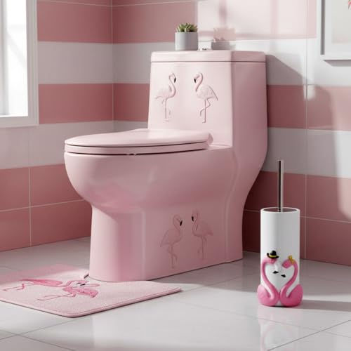 Image of 15 Inch Pink Toilet Brush Holder Set, Bathroom Storage | Resin rose design brush set, flamingo-inspired bathroom storage, modern organizer with holder