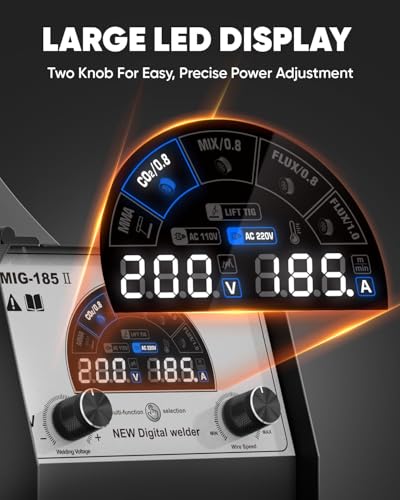Image of H HZXVOGEN 185A MIG Welder, 110V /220V Dual Voltage, 4-in-1 Gas MIG /Flux Core MIG /Lift TIG /Stick Welding Machine with Synergic Multiprocess Large LED Digital Display, IGBT Inverter