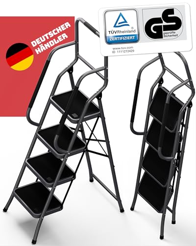 Sicherheitsleiter 4 Stufen Klappbar I TÜV Rheinland Zertifiziert I Belastbar bis 150kg I Anti-Rutsch-Füße und Trittstufen I Trittleiter mit Handlauf I Sicherheitsleiter für Senioren I Anthrazit