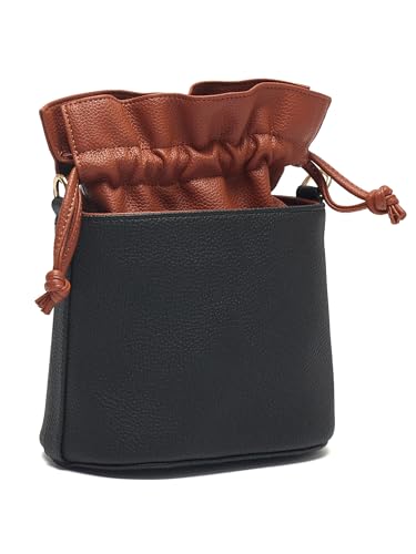 Image of white lily Women's Bucket Bag with Drawstring, Black and Brown Two-Tone, Adjustable Shoulder Strap