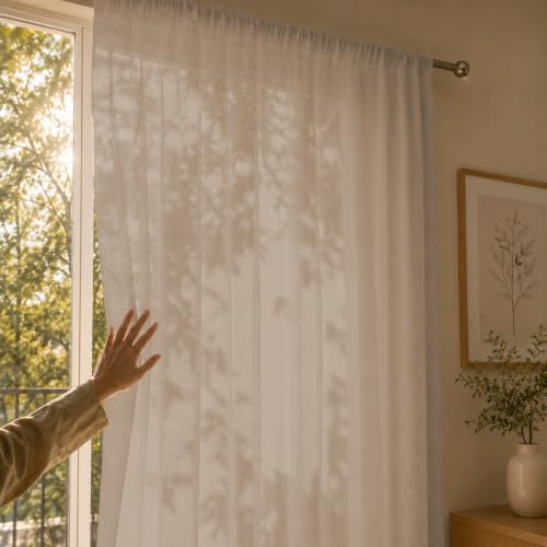 Image of LINENWALAS Aesthetic Sheer Curtains 9 Feet Long Set of 2, Poly Linen Shrink & Fade Proof Drapes for Long Door, Semi Transparent Modern Panels with Rod Pocket Hanging for Living Room (Brown /9 Feet)