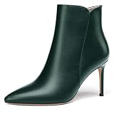 WAYDERNS Women's Dark Green Leather Pointed Toe Matte High Heel Zip Stiletto 3.5 Inch Short Ankle Boots Size 7 - Zapatos de Mujer de Vestir Tacon Bajo