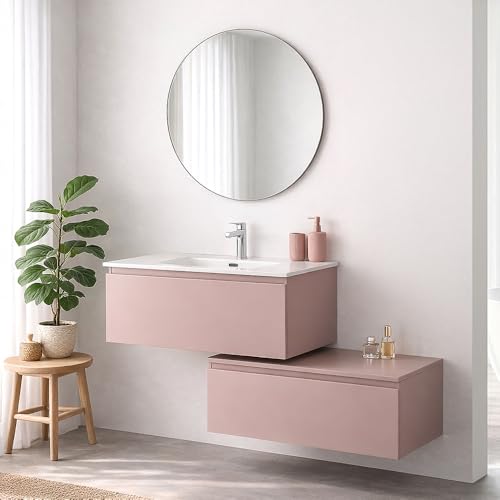 Inbagno Mobile Bagno Sospeso 90 Cm Rosa Antico – Base Lavabo In Ceramica Con 2 Cassetti Soft-Close E Specchio Tondo Ø 80 Cm – Linea Nuvola