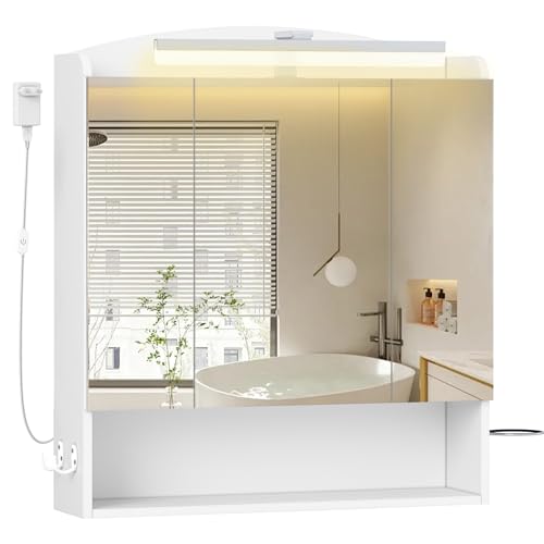 Hzuaneri Spiegelschrank Bad mit Beleuchtung, Badezimmerschrank mit Spiegel, Wandschrank, Haartrockner-Halter und Haken, mit Stecker, Verstellbarer Etagen, Weiß, 16,5 x 70 x 80 cm MC00303XEU