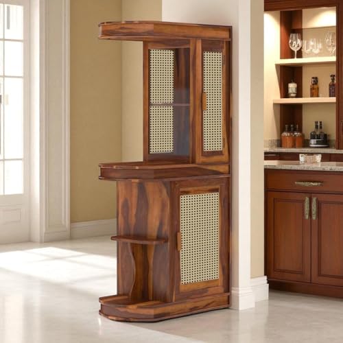 Image of The Attic Jaigarh Bar Cabinet, Hard and Soft Drinks Bar Storage Cabinet, Wine Wisky Scotch, Round Bar for Home, Honey Finish