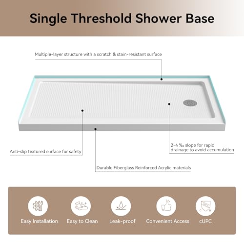 Image of HOROW 60 inch x 30 inch Shower Base, Right Drain Shower Pan, Low Profile Acrylic Base with Reinforced Fiberglass, Non-Slip Surface, Stainless Steel Drain Cover, Leak-Resistant for Bathroom