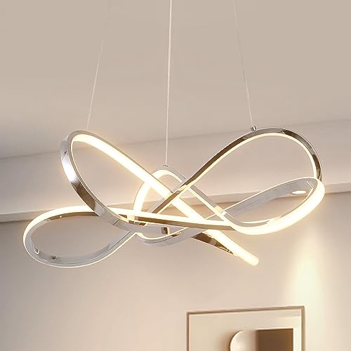 LOFAHS Modern Led Chandelier, Aluminum Chrome Plated Lighting Fixture, 3-Lights DIY Pendant Light, Smart Dimmable Chandelier with Remote and APP (26 inches 40W, Chrome Plated)