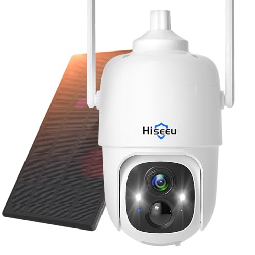 Hiseeu Solar Security Camera Outdoor Wireless 2K 360 Solar Powered PTZ Security Camera Outdoor with Color Night Vision,Rechargeable Battery,PIR Detection, Human Detection Instant Alarm 2-Way Audio