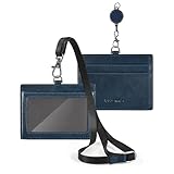 IDカードホルダー 栃木レザー 本革 リール付き 名札 両面収納 ネームホルダー 首掛け ネックストラップ調整可能 社員 教師 従業員 メンズ おしゃれ (ネイビー)