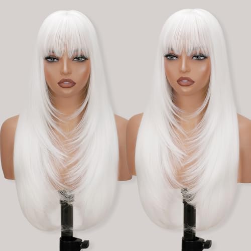 NOVFLKW White Long Straight Layered Wig with Bangs for Women 26 inch Put on Go Realistic Synthetic Fiber Heat Resistant Natural Wig for Girls Party Cosplay and Daily Use