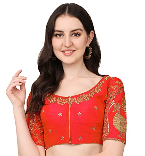 Image of Pujia Mills Women's Phantom Silk Embroidery Handwork & Sequin Work Peacock Design Half Sleeve Readymade Blouse (Mor Blouse Gold 38 Size+Margin)