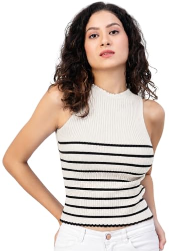 Image of Kalt Womens Knitted, Ribbed Cotton Fitted Sleeveless Round Neck Cami Tank Top