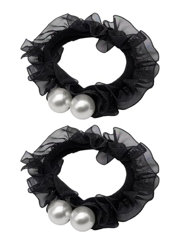 DEIMODRA Set di 2 Elastici per Capelli in Organza Nera con Perle Decorative Bianche