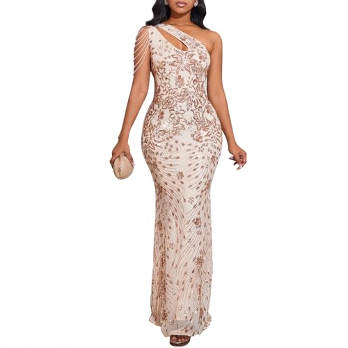 Image of Cololura Women Sequin Elegant Sexy One Shoulder Tassel Mermaid Bodycon Cocktail Evening Dress