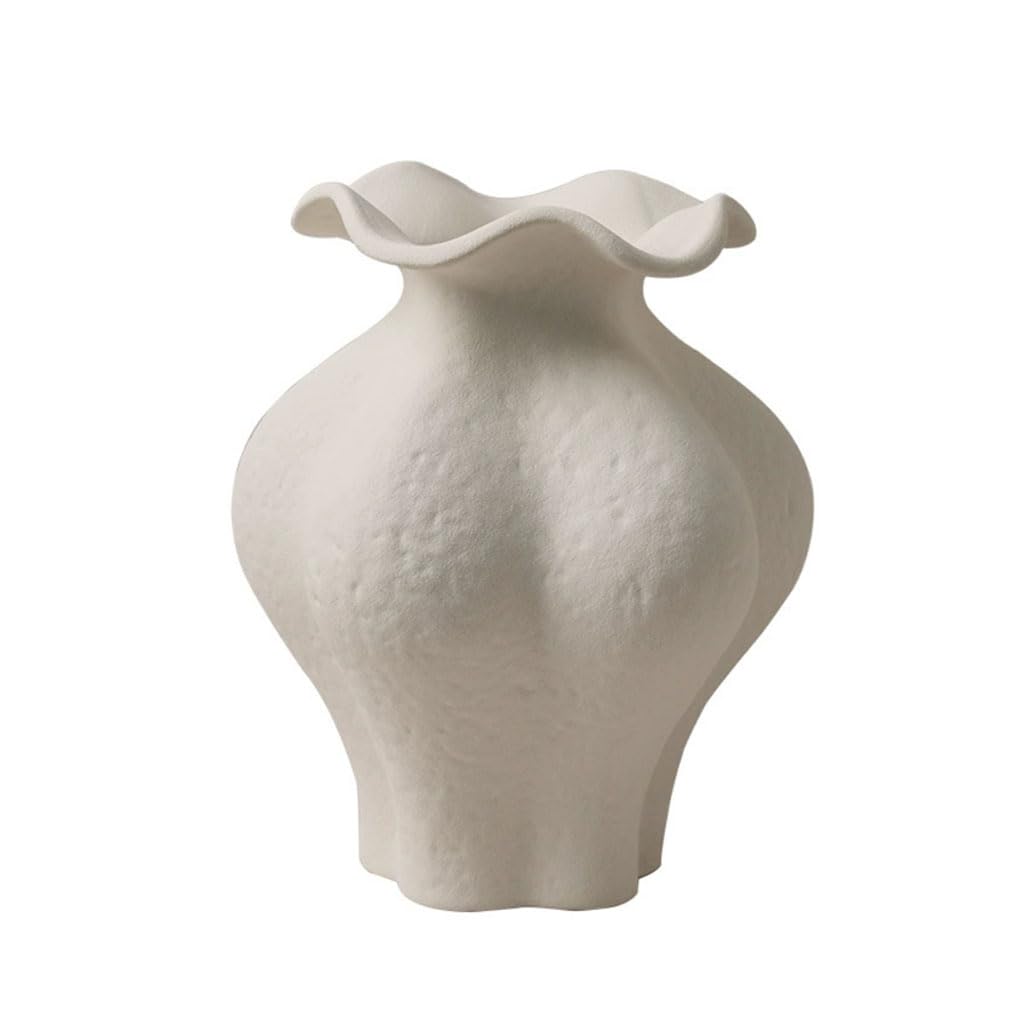 HRGKLMN Vase Ceramic Abstract Ceramic Vase with Wavy Rim, Wabi-Sabi Flower Vase for Artificial Plants and Dried Flowers, Vases as a Gift,White,B