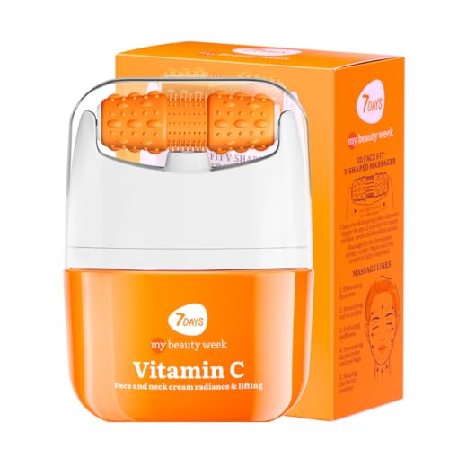 Crema Facial Lifting con Vitamina C | Crema Facial Hidratante Coreana Skincare | Crema Facial y Cuello Anti-Edad para Mujer | Rodillo Masajeador Anti-Hinchazón y Tonificante de la Piel
