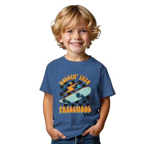 GLIGLITTR Rollin into Preschool Shirt for Baby Boys Skateboard Tshirt Kids Back to School Outfit First Day of School Tee Tops(Blue 4-5T)