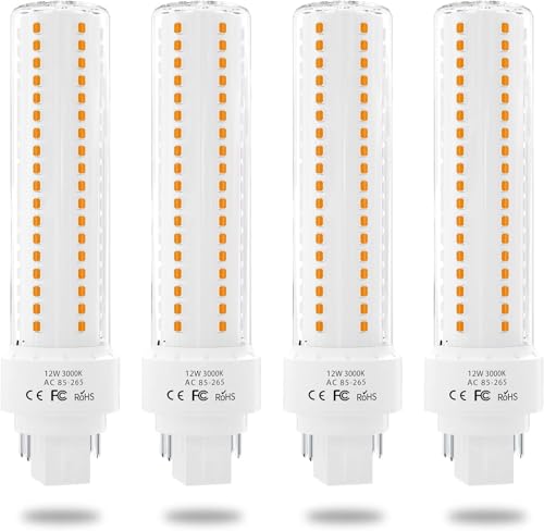 Lustaled Gx24 4-Pin Base LED Bulb, 12W G24q PL-C Horizontal Recessed Light 26W CFL Lamp Equivalent for Kitchen Light Pendant Lamp Dining Room, Warm White 3000K, 4-Pack (Remove/Bypass The Ballast)