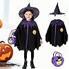 GDLOKFU Déguisement Sorcière Fille 3 Pièces, Costume Halloween Enfant avec Cape Violette, Chapeau de Sorcière & Sac à Bonbons, Déguisement Halloween Fille pour Carnaval, Cosplay et Fêtes à Thème