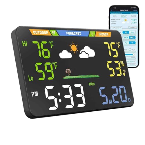 Wi-Fi Weather Station with Indoor Outdoor Temperature, Humidity Monitor, Wireless Forecast Display, Digital Alarm Clock