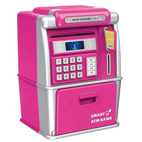 Cajeros automáticos, mata el banco - cajero automático en niños pequeños con contraseña - reconocimiento de monedas, tragamonedas de factura de Automboat, juguetes de juego bancario para niños y niñas