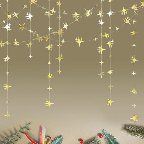 RUISPEED Guirlande d'étoiles dorées Scintillantes, 40 Pieds (12 m), Set de 3 pièces avec étoiles à 4 Branches Scintillantes, idéal pour Mariage, Anniversaire, Noces d'argent, fêtes et décoration