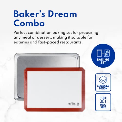 New Star Foodservice 38439 Commercial-Grade 18-Gauge Aluminum Sheet Pan/Bun Pan & Silicone Baking Mat Set, 13" L X 18" W X 1" H (Half Size) #TOP7