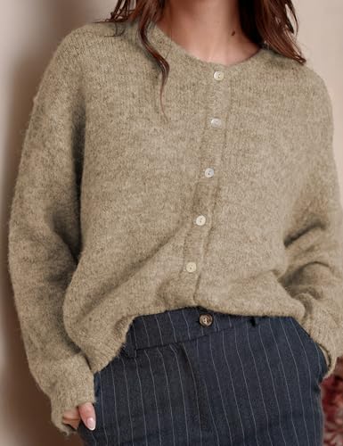 Image of Ynhonra Womens Cardigan Sweater Front Button Loose Y2k Long Sleeve Crewneck | Lightweight Knit Ribbed Hem