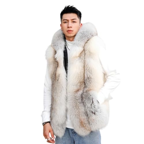 Denny&Dora Chaleco de piel de zorro para hombre, chaqueta de invierno sin mangas, abrigo de piel con capucha, color azul (EE. UU., Alpha, grande, regular, regular, gris claro)