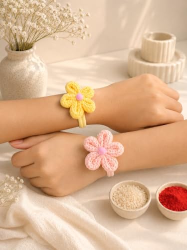 Image of Crochet Flower Rakhi Set with Handmade Floral Design, Reusable Hair Band Style, Raksha Bandhan Gift Set for Brother, Sister and Kids