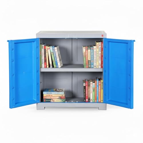 Image of Cello Novelty Compact Bookshelf, Blue & Grey | 2 Dustproof Doors | Space Saving Cupboard | Plastic Book Shelf | Multipurpose Book Shelf for Home, Office | Book Organizer for Library