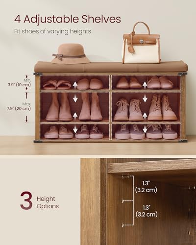 Image of VASAGLE LIRY Collection - Shoe Storage Bench with Removable Cushion, Shoe Rack with Padded Seat, Entryway Bench with 6 Open Compartmens, Adjustable Shelves, Honey Brown ULSB105K01