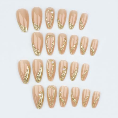 Image of Gold Press on Nails Almond Fake Nails 3D Golden Chrome Nails Press ons | Medium Fake Nails with Golden Line Design, Reusable Glossy Full Cover Stick on Nails for Women Manicure 24 Pcs