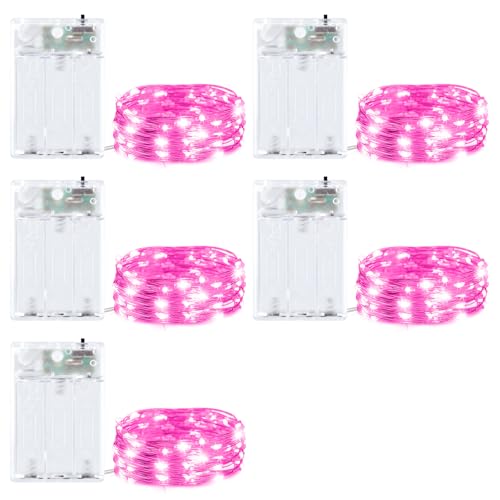 5 Pack Fairy Lights Battery Operated, 7 Feet 20 Led String Lights with Timer, Waterproof Firefly Lights on Silver Wire for Home Party Wedding Christmas Decorations, 6 Hours on/18 Hours Off, Pink