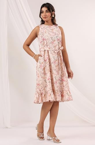 Image of Janasya Women's Peach Pure Cotton Floral Printed A-line Dress