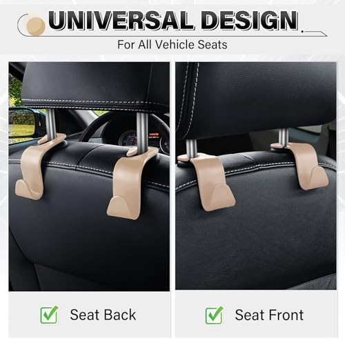 Image of SINGARO 4 Pack Car Seat Headrest Hooks, Vehicle Back Seat Hanger Storage Organizer for Purse Handbag Backpack Coat Grocery, 360 Rotating Heavy Duty Holds 44lbs, Beige