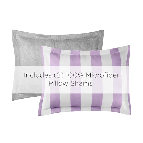 Image of Juicy Couture Cabana Stripe Reversible Bedding Set - King Size - Lavender /White Stripe Print - 6 Piece Set - Includes 1 104 inch x 90 inch Comforter, 3 Decorative Pillows, 2 Shams