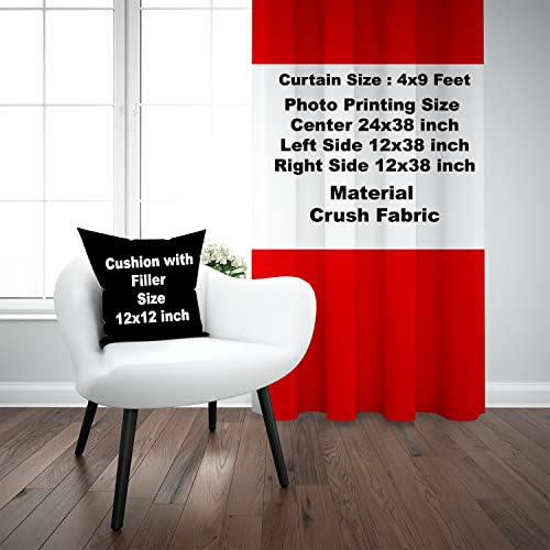 Image of Crush Fabric Photo Personalise 2 Curtains & 1 Cushion with 8 Eyelet for Living Room Bedroom Home Office 4 x 9 Feet Style 134 (Set of 3) (Red)