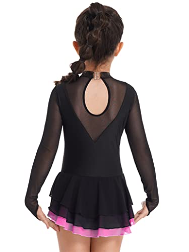 Loyan Kids Girls Shiny Ice Figure Skating Dress Mesh Long Sleeve Roller Skating Dance Competition Performance Costume Hot Pink 8 Years #TOP4