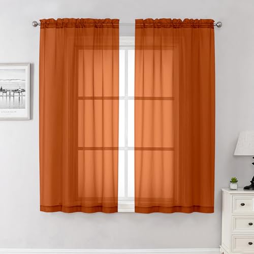 Lecloud Orange Sheer Curtains 63 Inch Length 2 Panels Set, Window Curtains for Bedroom, Voile Solid Light Filtering Living Room Drapes with Rod Pocket, Each Panel 42 X 63 Inch