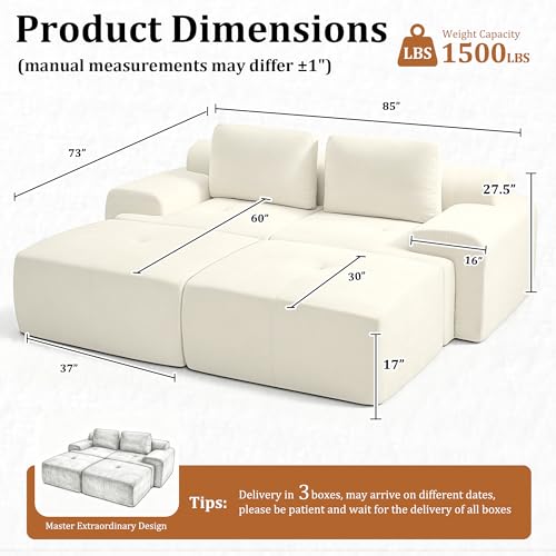 Image of 85 inch Oversized Boneless Couch, Comfort Cloud Sectional Couches for Living Room, Modular Sofa High Back & Extra Deep Seat, No Assembly, Soft Chenille Fabric (Warm White, 85 inch- Shaped(2+2))
