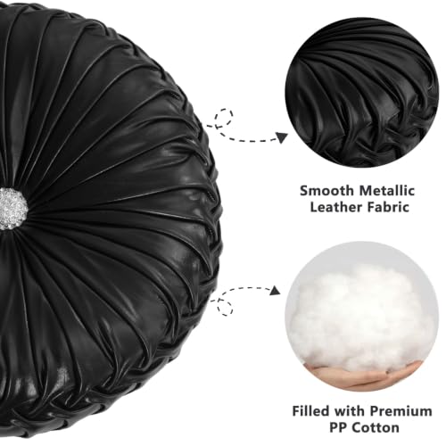 Image of HIG Set of 2 Black Metallic Leather Decorative Round Pleated Throw Pillows
