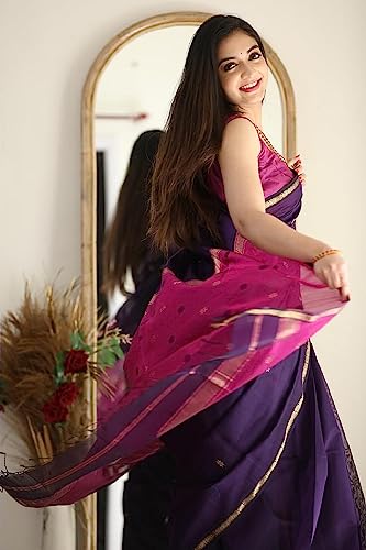 Image of SGF11 Women's Kanjivaram Soft Cotton Linen Silk Saree With Blouse Piece (Purple Pink)