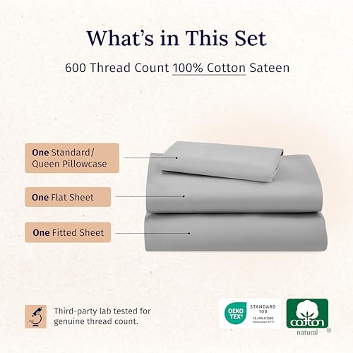 California Design Den Luxury Twin Sheet Set - 100% Cotton, 600 Thread Count Deep Pocket Twin Sheets, Soft Hotel-Quality Bedding with Sateen Weave - Light Grey