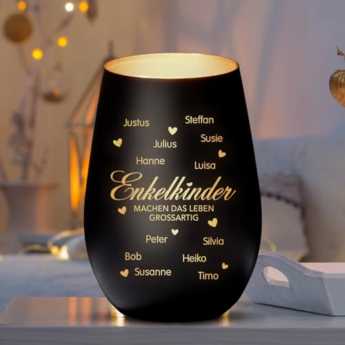 Love Faith Meine Enkelkinder Windlicht Schwarz/Gold - Personalisiertes Windlicht für Teelichter mit Namen-Gravur - Geschenk für Oma & Opa